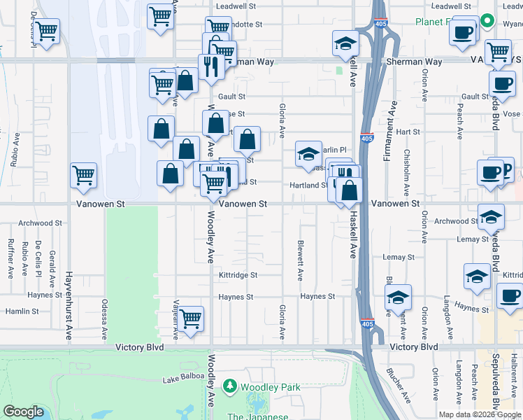 map of restaurants, bars, coffee shops, grocery stores, and more near 15935 Vanowen Street in Los Angeles