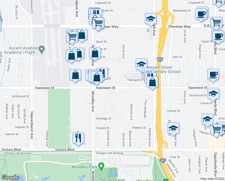 map of restaurants, bars, coffee shops, grocery stores, and more near 15935 Vanowen Street in Los Angeles