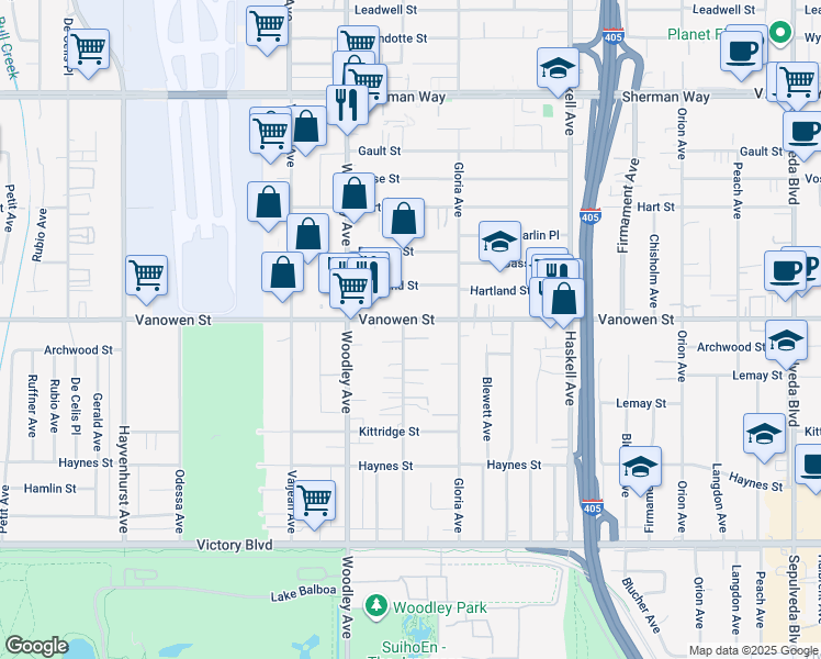 map of restaurants, bars, coffee shops, grocery stores, and more near 15935 Vanowen Street in Los Angeles