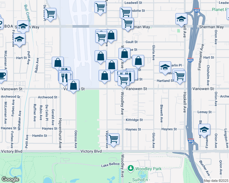 map of restaurants, bars, coffee shops, grocery stores, and more near 16145 Vanowen Street in Los Angeles