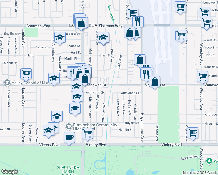 map of restaurants, bars, coffee shops, grocery stores, and more near 16655 Vanowen Street in Los Angeles