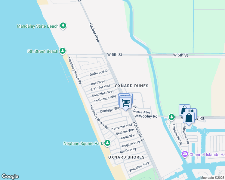 map of restaurants, bars, coffee shops, grocery stores, and more near 5111 Beachcomber Street in Oxnard