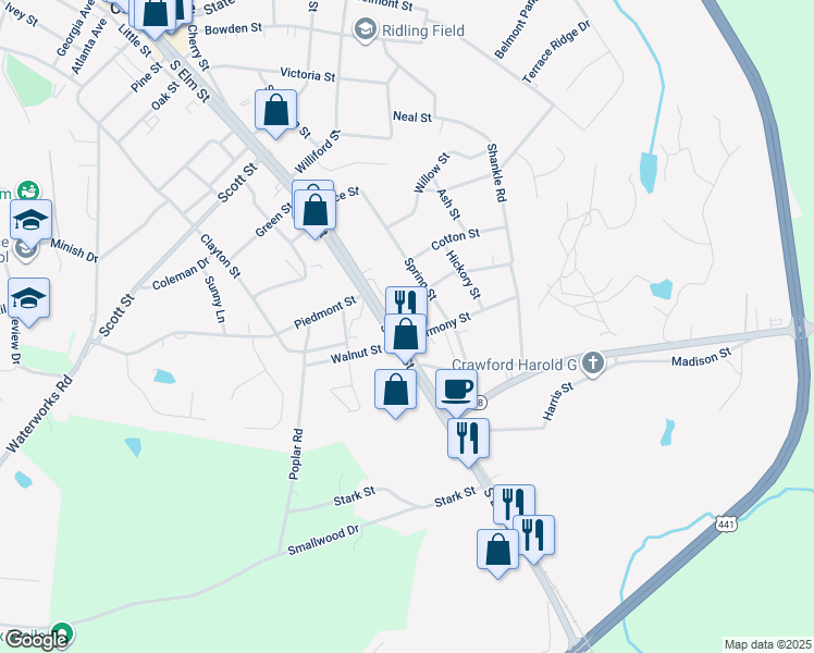 map of restaurants, bars, coffee shops, grocery stores, and more near 84 Barber Street in Commerce