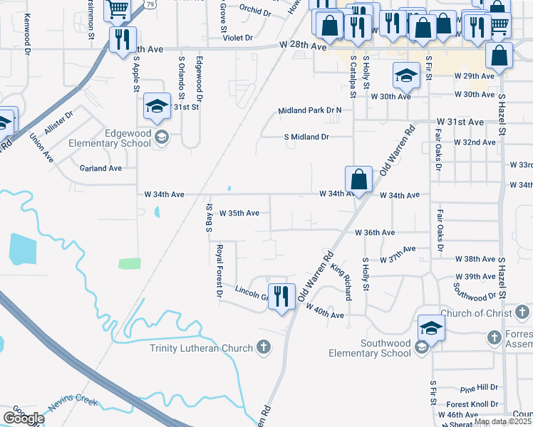 map of restaurants, bars, coffee shops, grocery stores, and more near 3450 West 34th Avenue in Pine Bluff