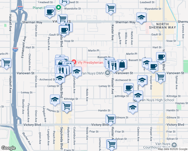 map of restaurants, bars, coffee shops, grocery stores, and more near 15022 Vanowen Street in Los Angeles
