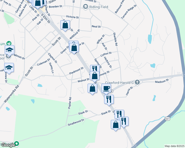 map of restaurants, bars, coffee shops, grocery stores, and more near 836 South Broad Street in Commerce