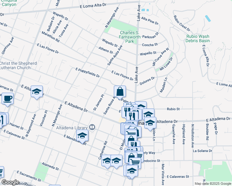 map of restaurants, bars, coffee shops, grocery stores, and more near 2849 Santa Rosa Avenue in Altadena