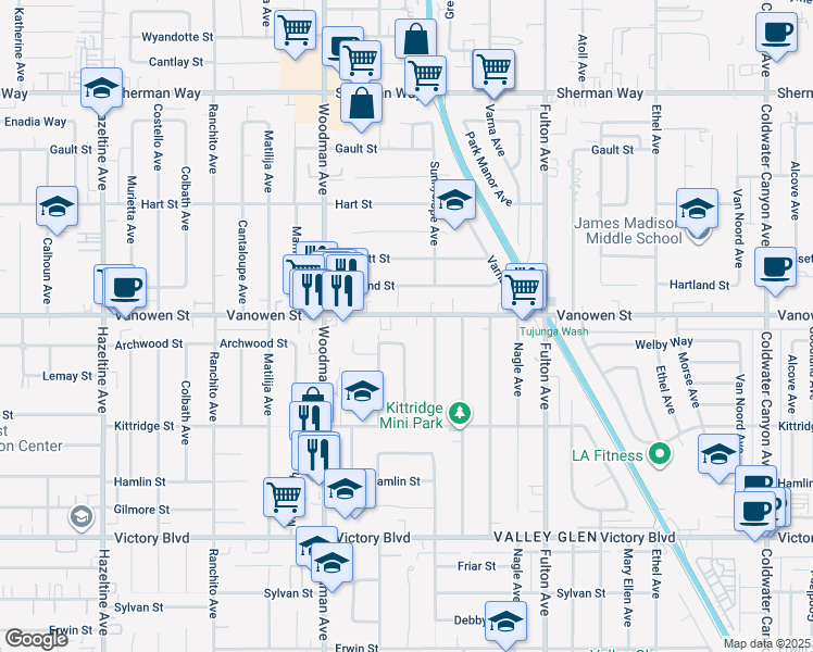 map of restaurants, bars, coffee shops, grocery stores, and more near 13536 Vanowen Street in Los Angeles