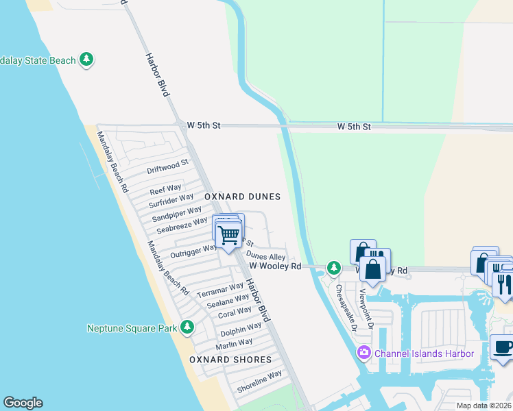 map of restaurants, bars, coffee shops, grocery stores, and more near 4915 Catamaran Street in Oxnard