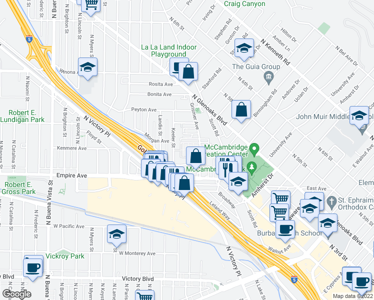 map of restaurants, bars, coffee shops, grocery stores, and more near 1723 Grismer Avenue in Burbank
