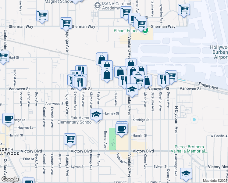 map of restaurants, bars, coffee shops, grocery stores, and more near 6763 Case Avenue in Los Angeles