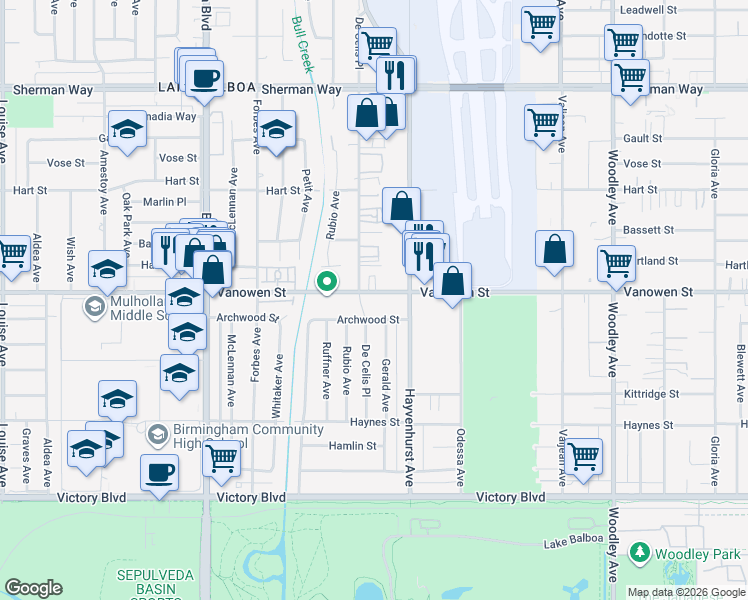 map of restaurants, bars, coffee shops, grocery stores, and more near 16550 Vanowen Street in Los Angeles