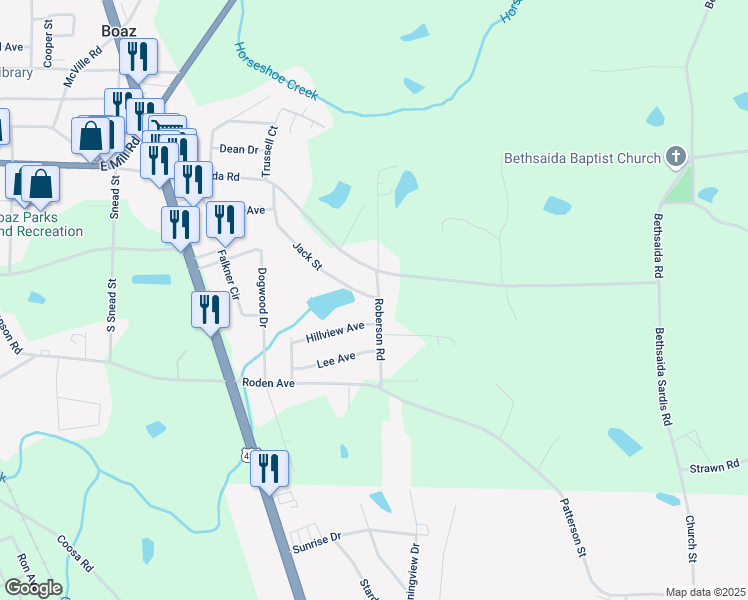 map of restaurants, bars, coffee shops, grocery stores, and more near 265 Roberson Road in Boaz