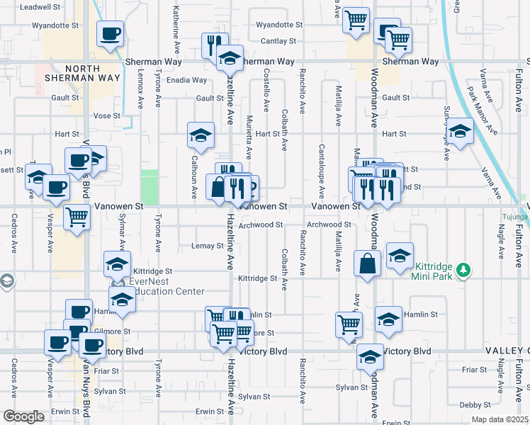 map of restaurants, bars, coffee shops, grocery stores, and more near 14006 Vanowen Street in Los Angeles