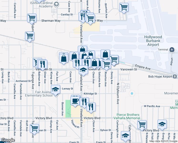 map of restaurants, bars, coffee shops, grocery stores, and more near 10936 Vanowen Street in Los Angeles
