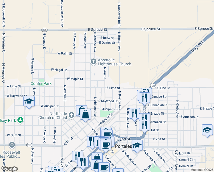 map of restaurants, bars, coffee shops, grocery stores, and more near 325 East Lime Street in Portales