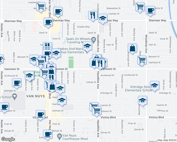 map of restaurants, bars, coffee shops, grocery stores, and more near 14142 Vanowen Street in Los Angeles