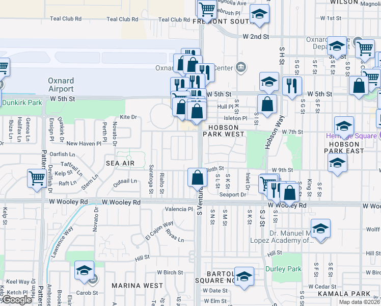 map of restaurants, bars, coffee shops, grocery stores, and more near 766 Noontide Way in Oxnard