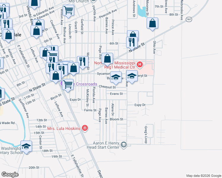 map of restaurants, bars, coffee shops, grocery stores, and more near 1701-1799 Chestnut Street in Clarksdale