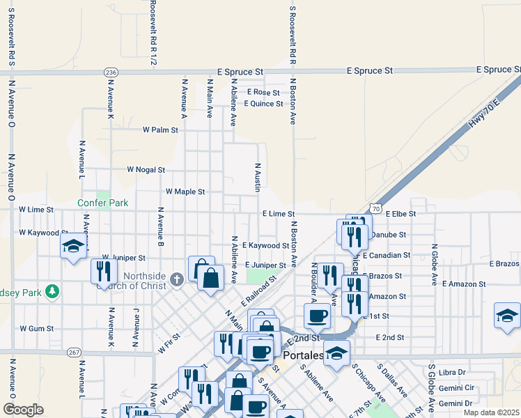 map of restaurants, bars, coffee shops, grocery stores, and more near 309 East Lime Street in Portales