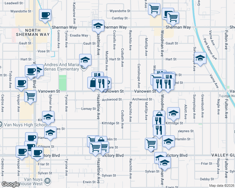 map of restaurants, bars, coffee shops, grocery stores, and more near 13942 Vanowen Street in Los Angeles