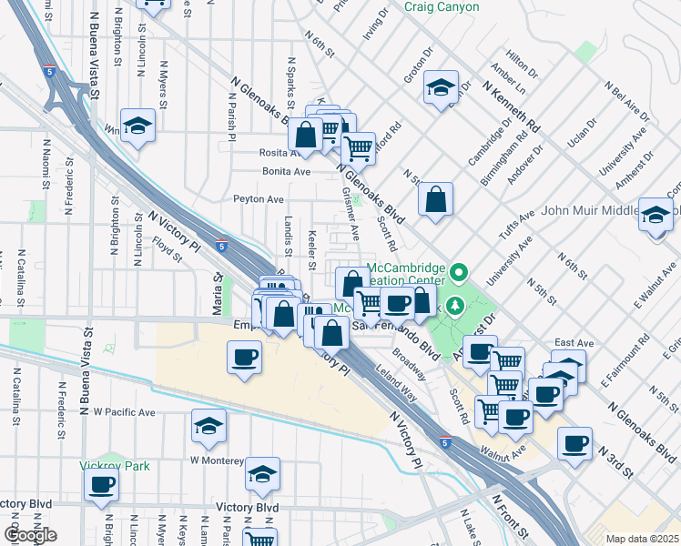 map of restaurants, bars, coffee shops, grocery stores, and more near 1711 Grismer Avenue in Burbank