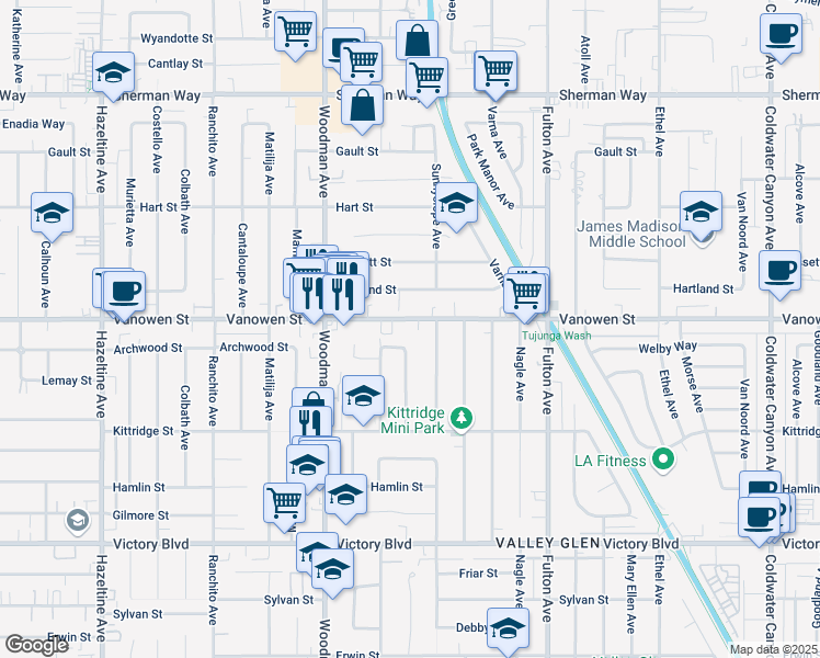 map of restaurants, bars, coffee shops, grocery stores, and more near 13536 Vanowen Street in Los Angeles