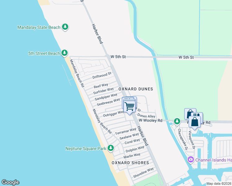 map of restaurants, bars, coffee shops, grocery stores, and more near 5111 Beachcomber Street in Oxnard