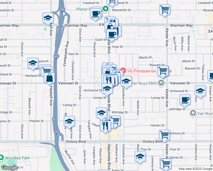 map of restaurants, bars, coffee shops, grocery stores, and more near 15319 Vanowen Street in Los Angeles