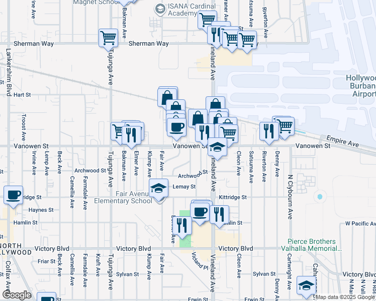 map of restaurants, bars, coffee shops, grocery stores, and more near 6763 Case Avenue in Los Angeles