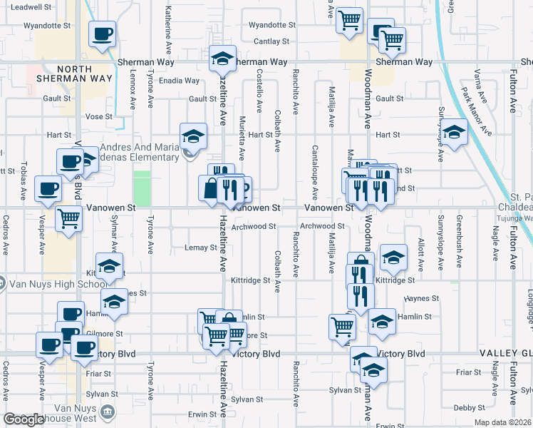 map of restaurants, bars, coffee shops, grocery stores, and more near 13956 Vanowen Street in Los Angeles
