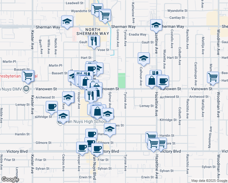 map of restaurants, bars, coffee shops, grocery stores, and more near 14350 Vanowen Street in Van Nuys