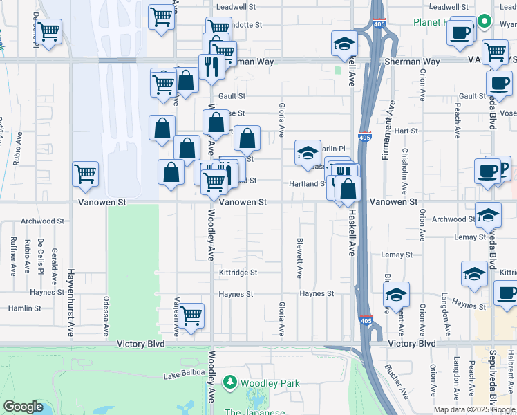 map of restaurants, bars, coffee shops, grocery stores, and more near 15946 Vanowen Street in Los Angeles