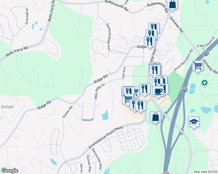 map of restaurants, bars, coffee shops, grocery stores, and more near 130 Lori Lane in Canton