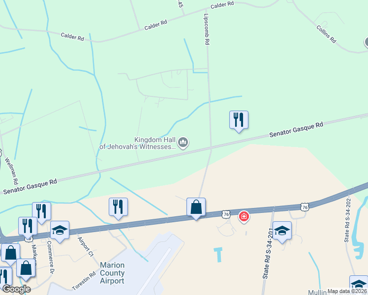 map of restaurants, bars, coffee shops, grocery stores, and more near 2556 Senator Gasque Road in Mullins