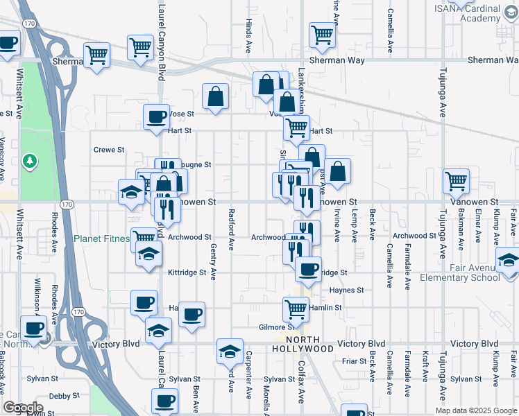map of restaurants, bars, coffee shops, grocery stores, and more near 11818 Vanowen Street in Los Angeles