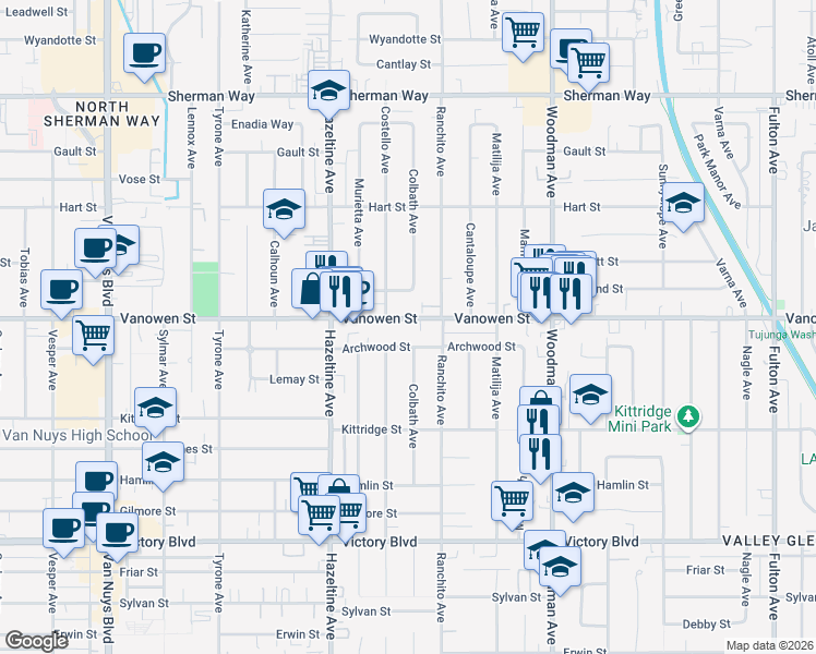 map of restaurants, bars, coffee shops, grocery stores, and more near 13942 Vanowen Street in Los Angeles