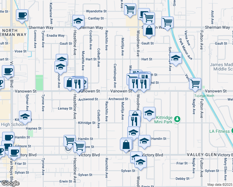 map of restaurants, bars, coffee shops, grocery stores, and more near 13809 Vanowen Street in Los Angeles