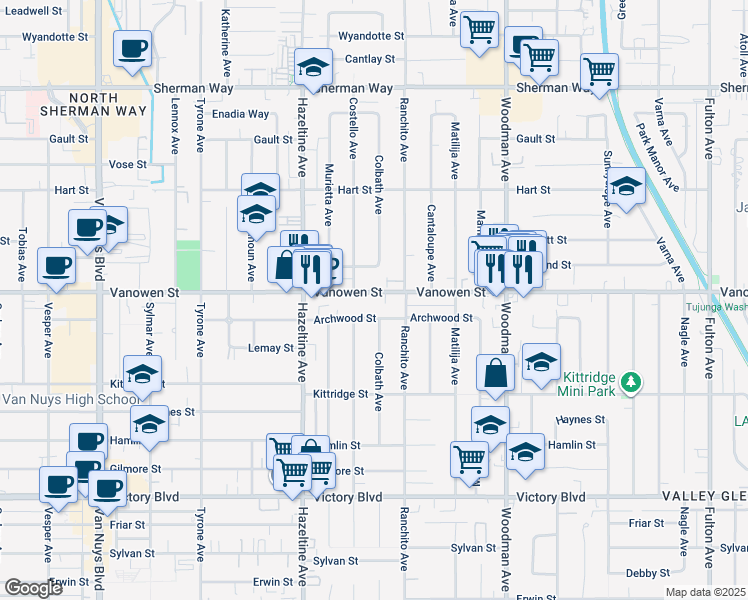 map of restaurants, bars, coffee shops, grocery stores, and more near 13942 Vanowen Street in Los Angeles