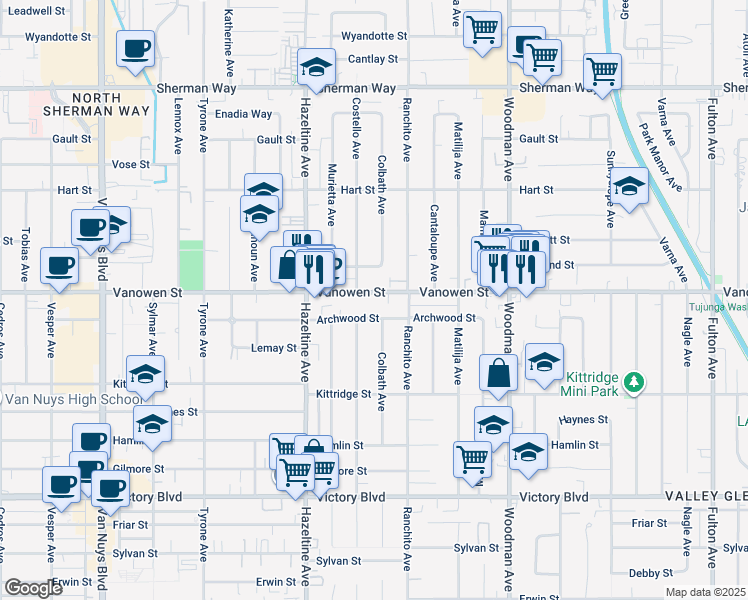 map of restaurants, bars, coffee shops, grocery stores, and more near 13944 Vanowen Street in Los Angeles