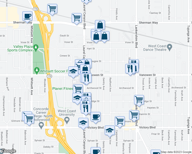 map of restaurants, bars, coffee shops, grocery stores, and more near Vanowen Street in Los Angeles