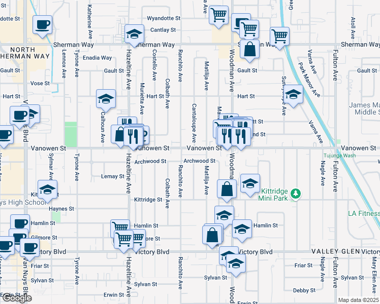 map of restaurants, bars, coffee shops, grocery stores, and more near 13838 Vanowen Street in Los Angeles