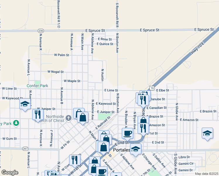 map of restaurants, bars, coffee shops, grocery stores, and more near 1321 North Boston Avenue in Portales