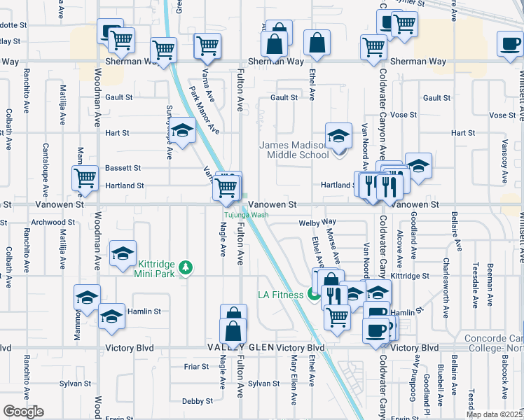 map of restaurants, bars, coffee shops, grocery stores, and more near 13205 Vanowen Street in Los Angeles