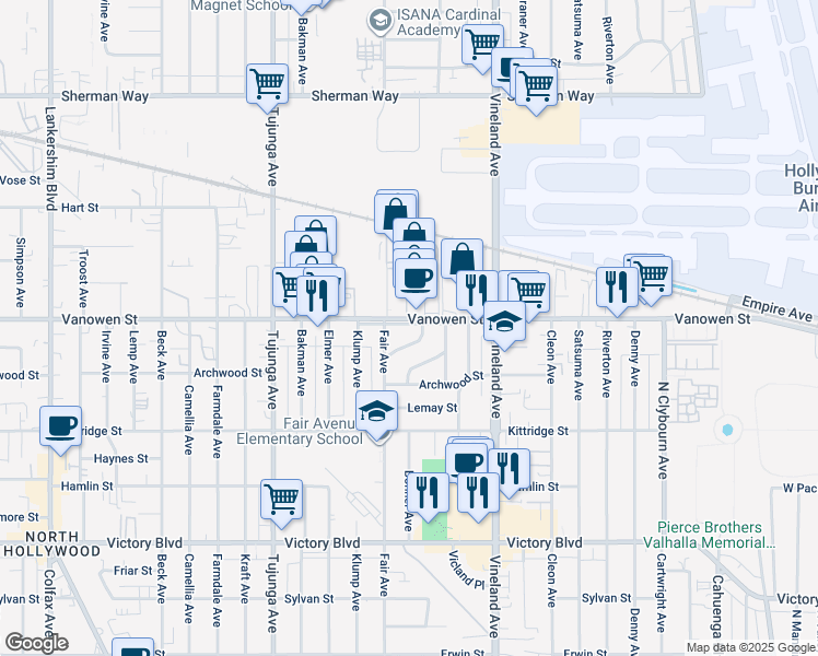 map of restaurants, bars, coffee shops, grocery stores, and more near 11138 Vanowen Street in Los Angeles