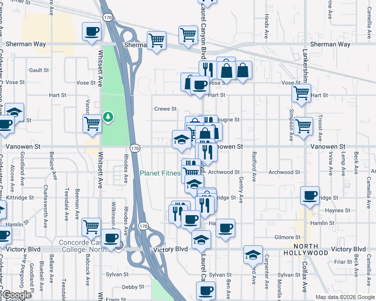 map of restaurants, bars, coffee shops, grocery stores, and more near 12136 Vanowen Street in Los Angeles