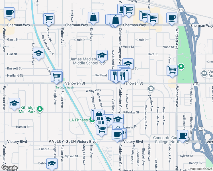 map of restaurants, bars, coffee shops, grocery stores, and more near 13002 1/2 Vanowen Street in Los Angeles
