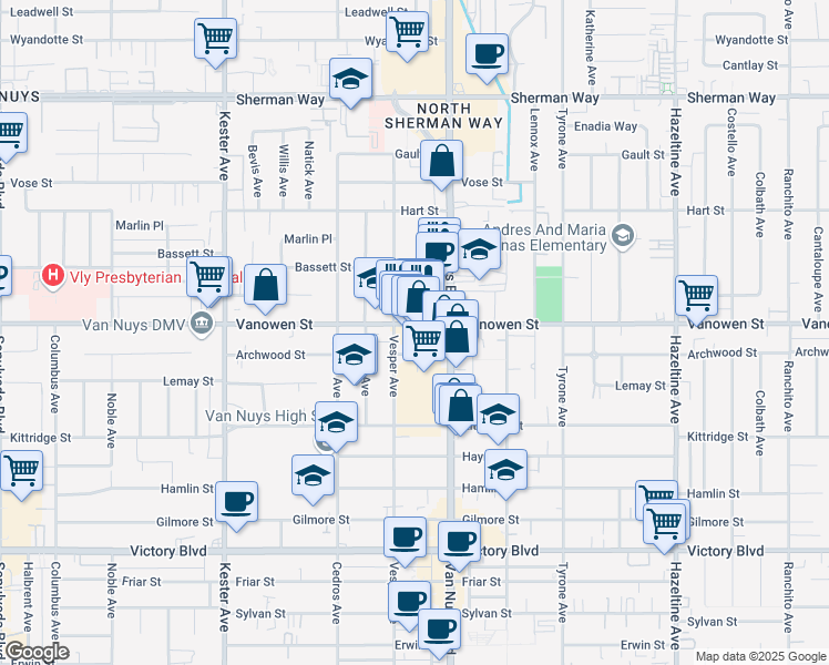 map of restaurants, bars, coffee shops, grocery stores, and more near 14547 Vanowen Street in Los Angeles
