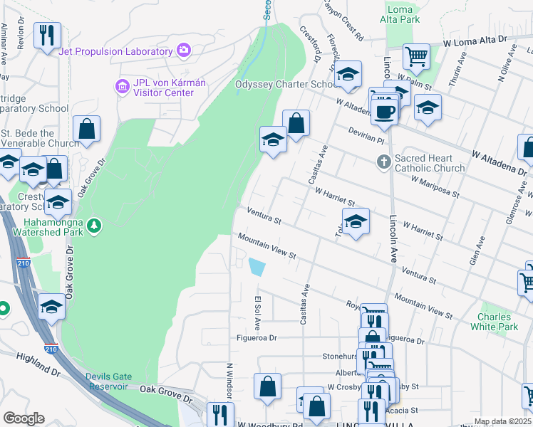 map of restaurants, bars, coffee shops, grocery stores, and more near 622 West Mariposa Street in Altadena