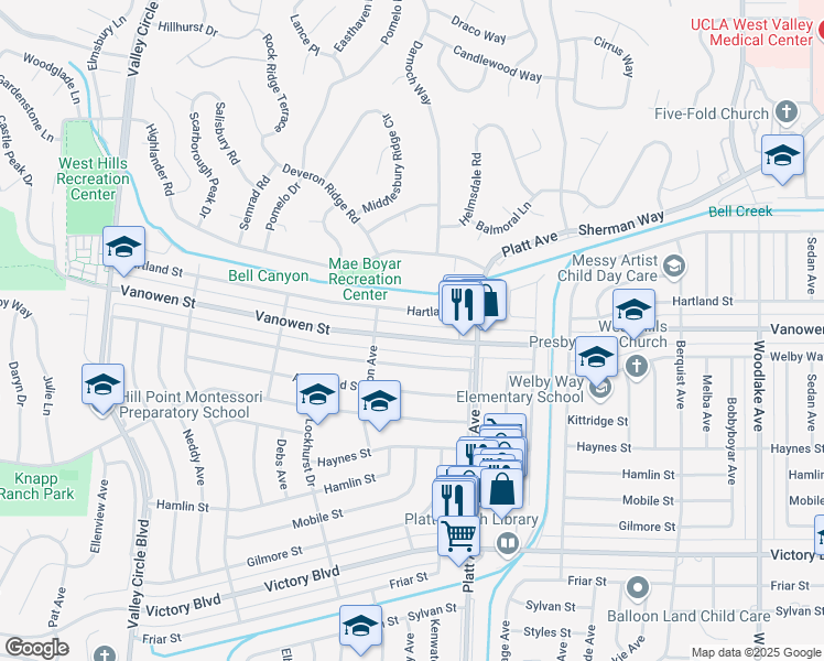 map of restaurants, bars, coffee shops, grocery stores, and more near 23813 Vanowen Street in Los Angeles
